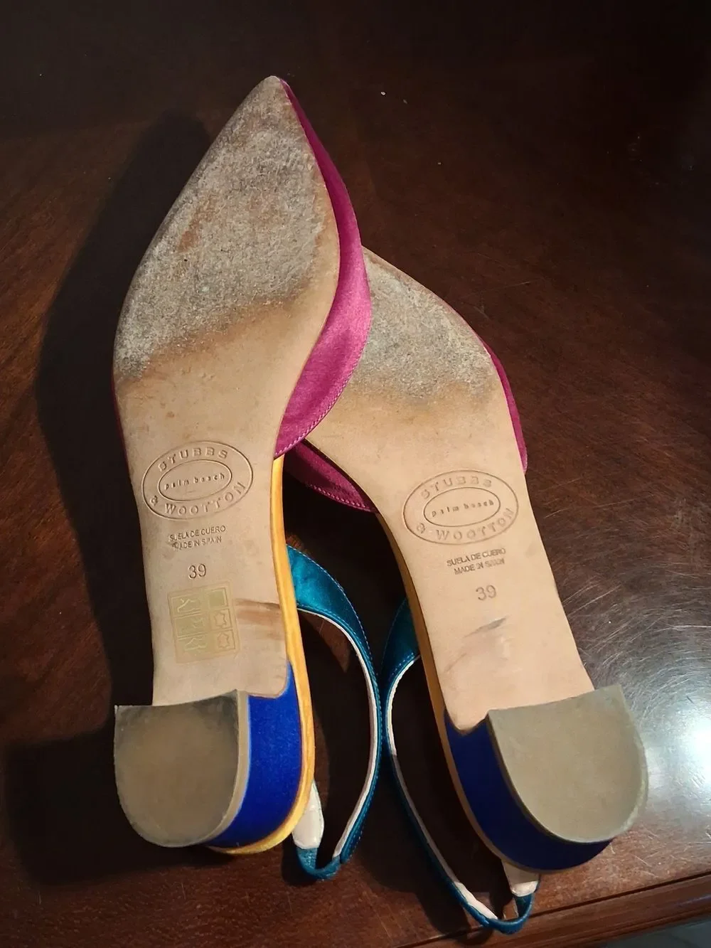 Stubbs & Wootton Magenta Pointed Slingbacks with Teal Straps